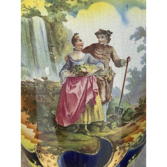 18 3/8" LARGE Antique Ceramic Vase 'Dudley' Transfer Print Cobalt Blue Gilt - Picture 10 of 16